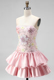 Floral Sky Blue Strapless Tiered A-Line Short Homecoming Dress