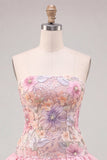 Floral Sky Blue Strapless Tiered A-Line Short Homecoming Dress