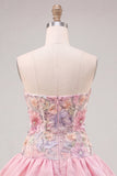 Floral Sky Blue Strapless Tiered A-Line Short Homecoming Dress