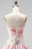 Floral Sky Blue Strapless Tiered A-Line Short Homecoming Dress