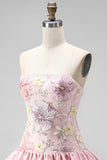 Floral Sky Blue Strapless Tiered A-Line Short Homecoming Dress