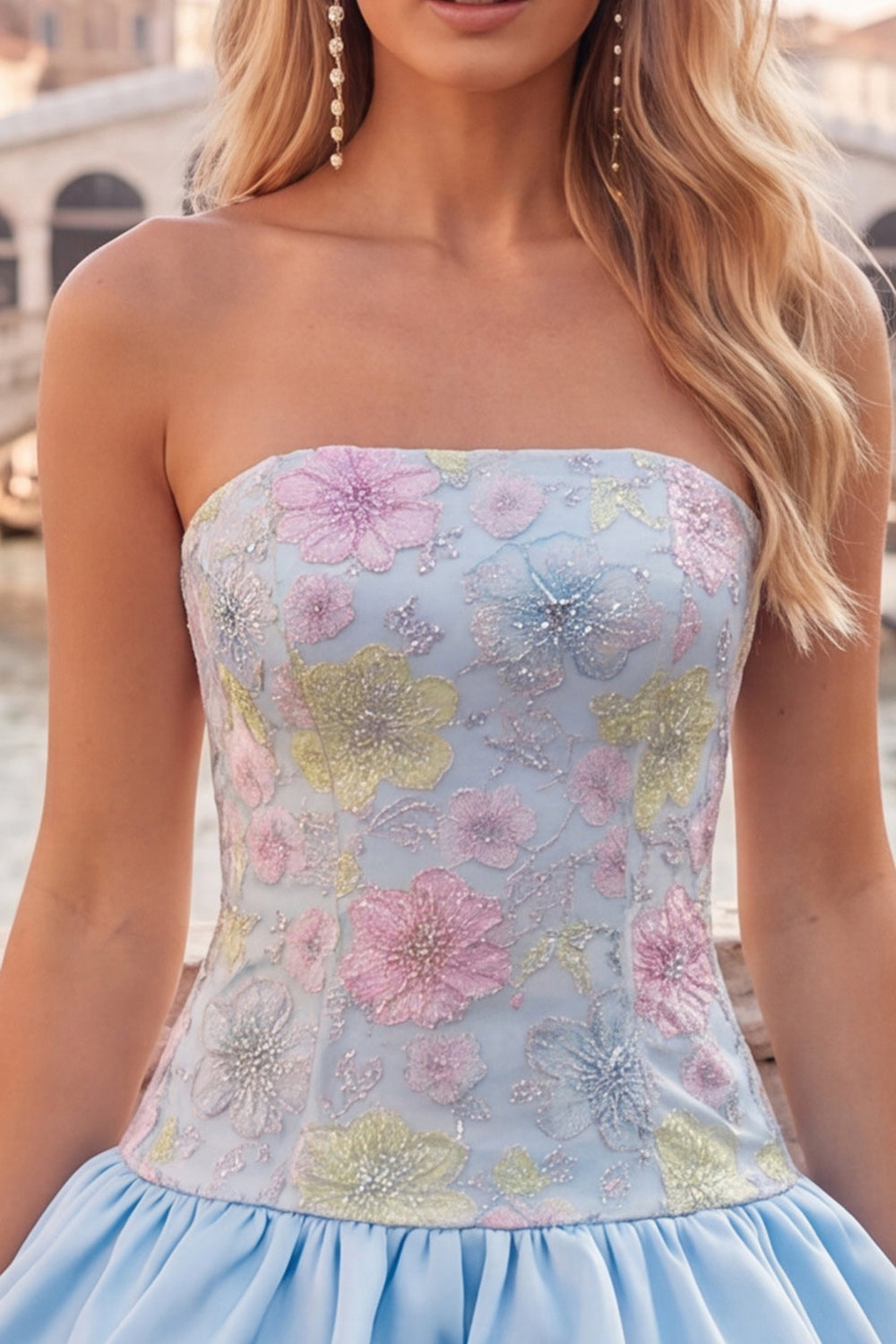Floral Sky Blue Strapless Tiered A-Line Short Homecoming Dress
