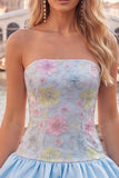 Floral Sky Blue Strapless Tiered A-Line Short Homecoming Dress