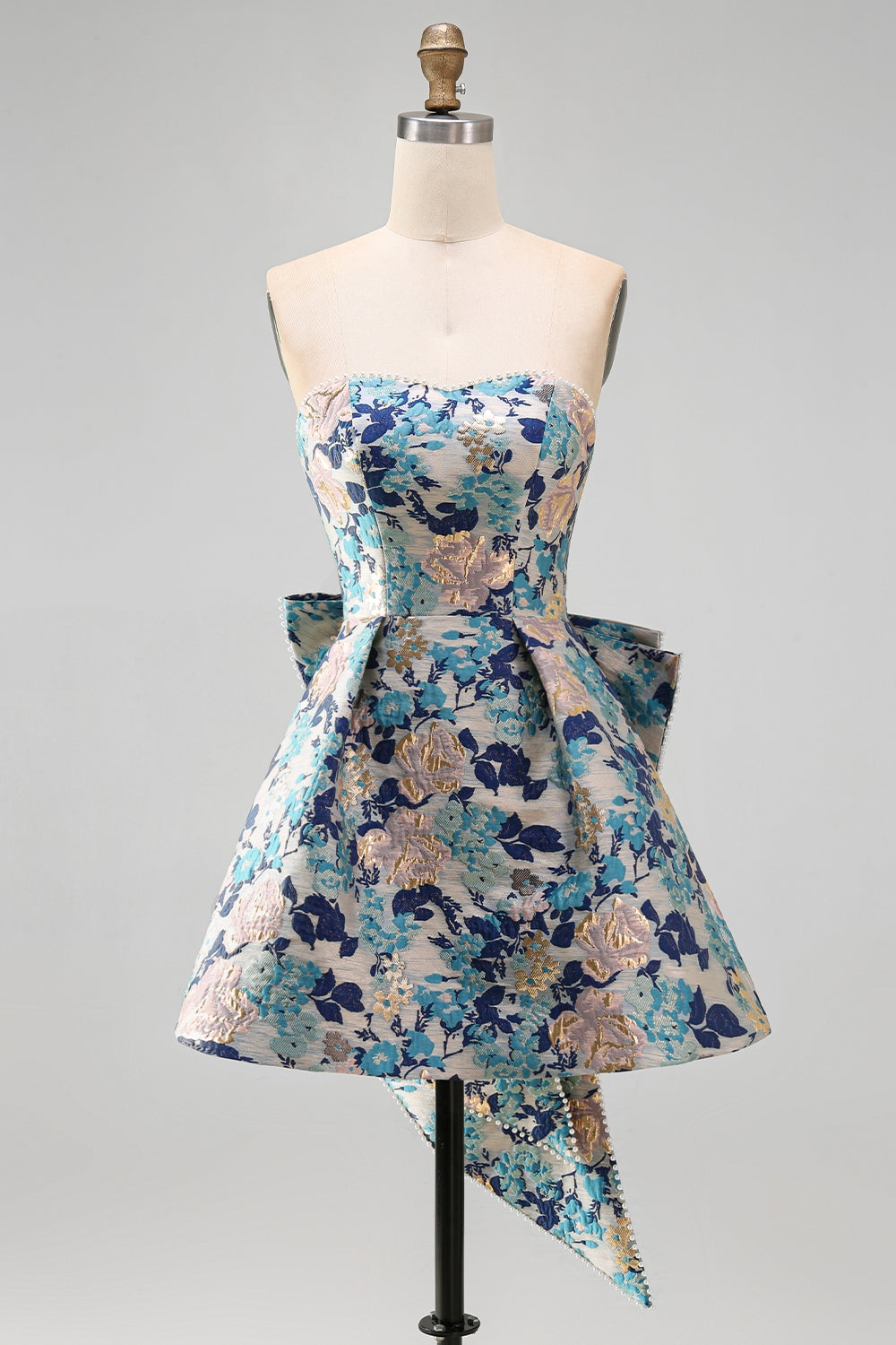 Yellow Flower Jacquard A-Line Short Homecoming Dress with Bow