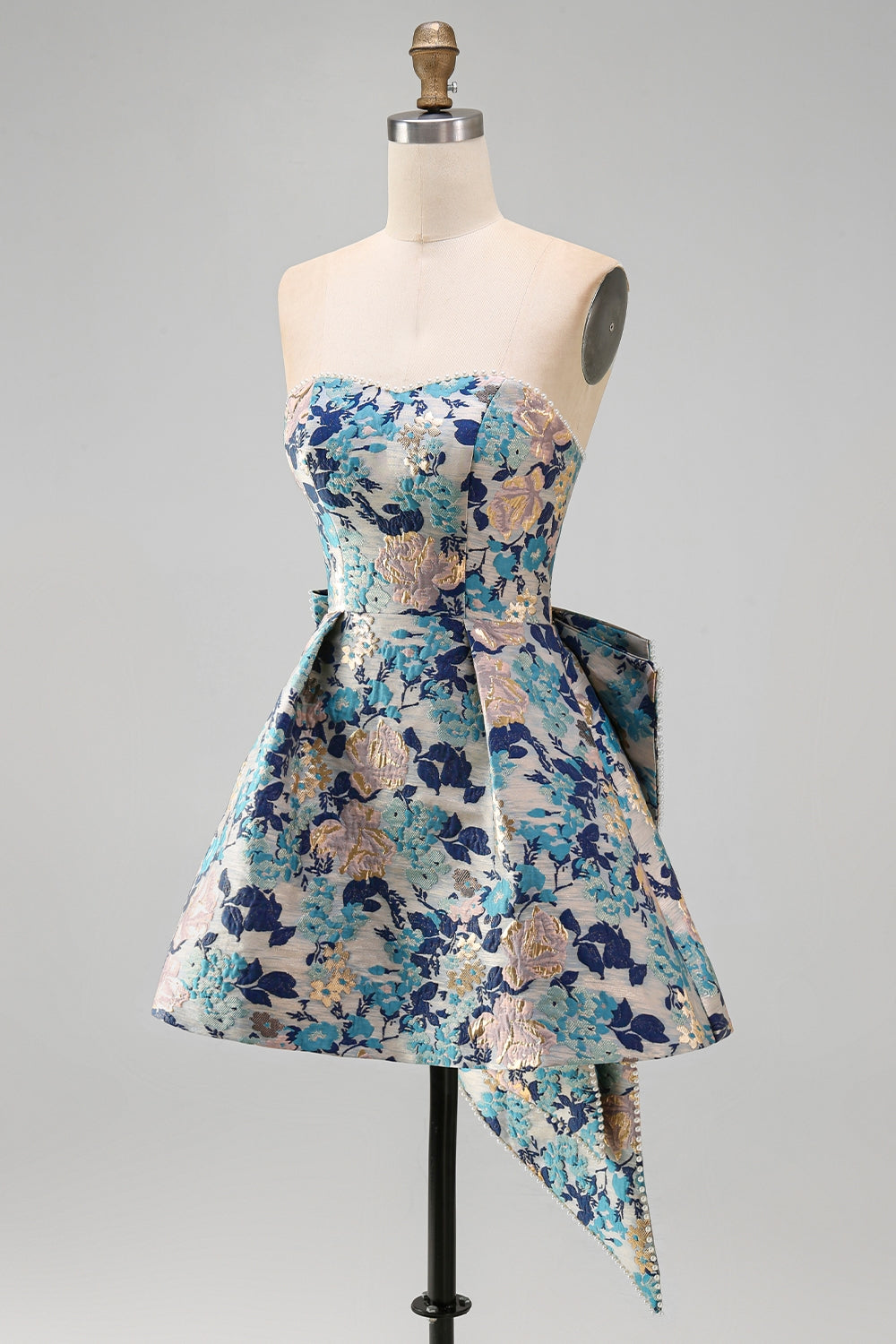 Yellow Flower Jacquard A-Line Short Homecoming Dress with Bow