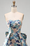 Yellow Flower Jacquard A-Line Short Homecoming Dress with Bow