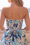 Yellow Flower Jacquard A-Line Short Homecoming Dress with Bow