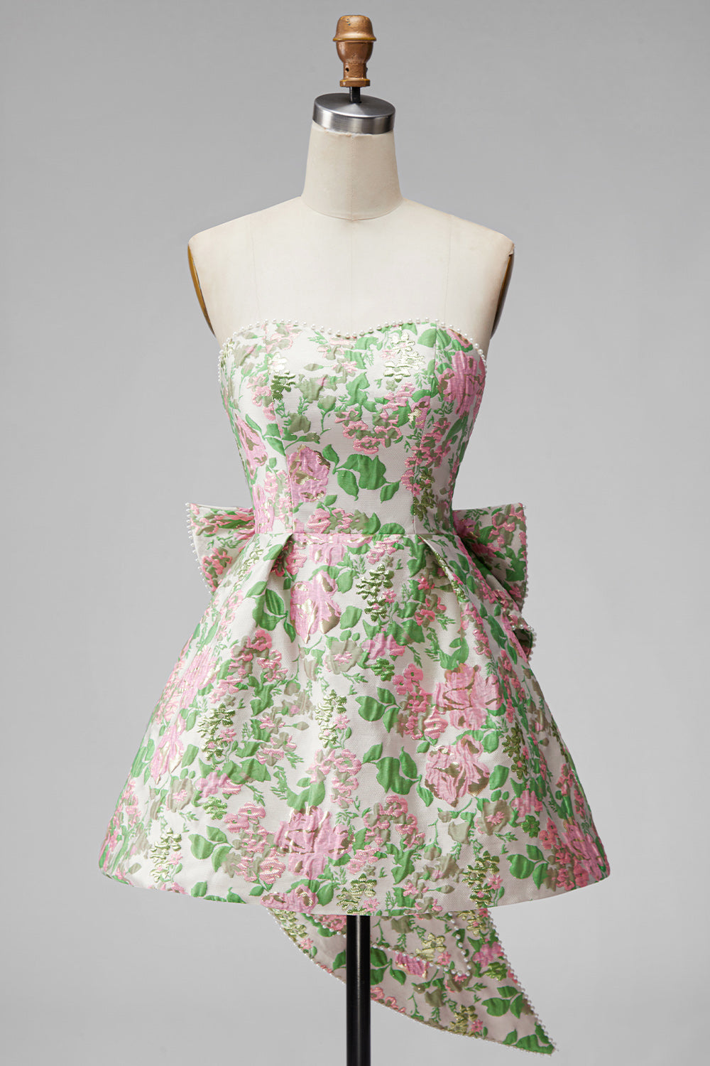 Blue Flower Jacquard A-Line Short Homecoming Dress with Bow
