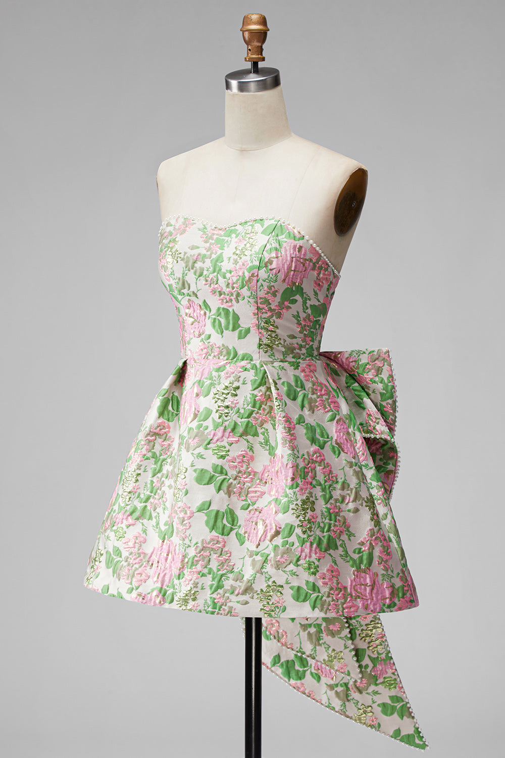 Blue Flower Jacquard A-Line Short Homecoming Dress with Bow