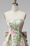 Blue Flower Jacquard A-Line Short Homecoming Dress with Bow