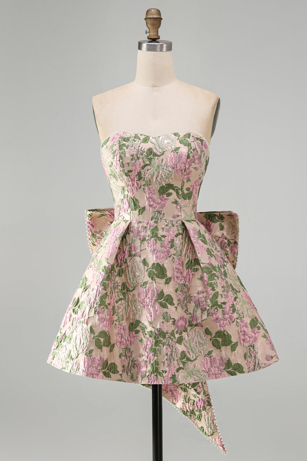 Yellow Flower Jacquard A-Line Short Homecoming Dress with Bow