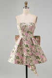 Yellow Flower Jacquard A-Line Short Homecoming Dress with Bow