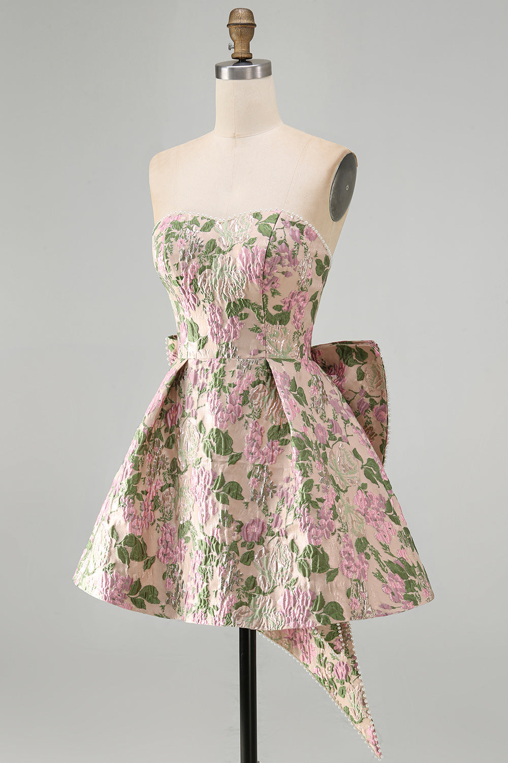 Yellow Flower Jacquard A-Line Short Homecoming Dress with Bow