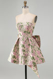 Yellow Flower Jacquard A-Line Short Homecoming Dress with Bow