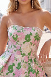 Yellow Flower Jacquard A-Line Short Homecoming Dress with Bow