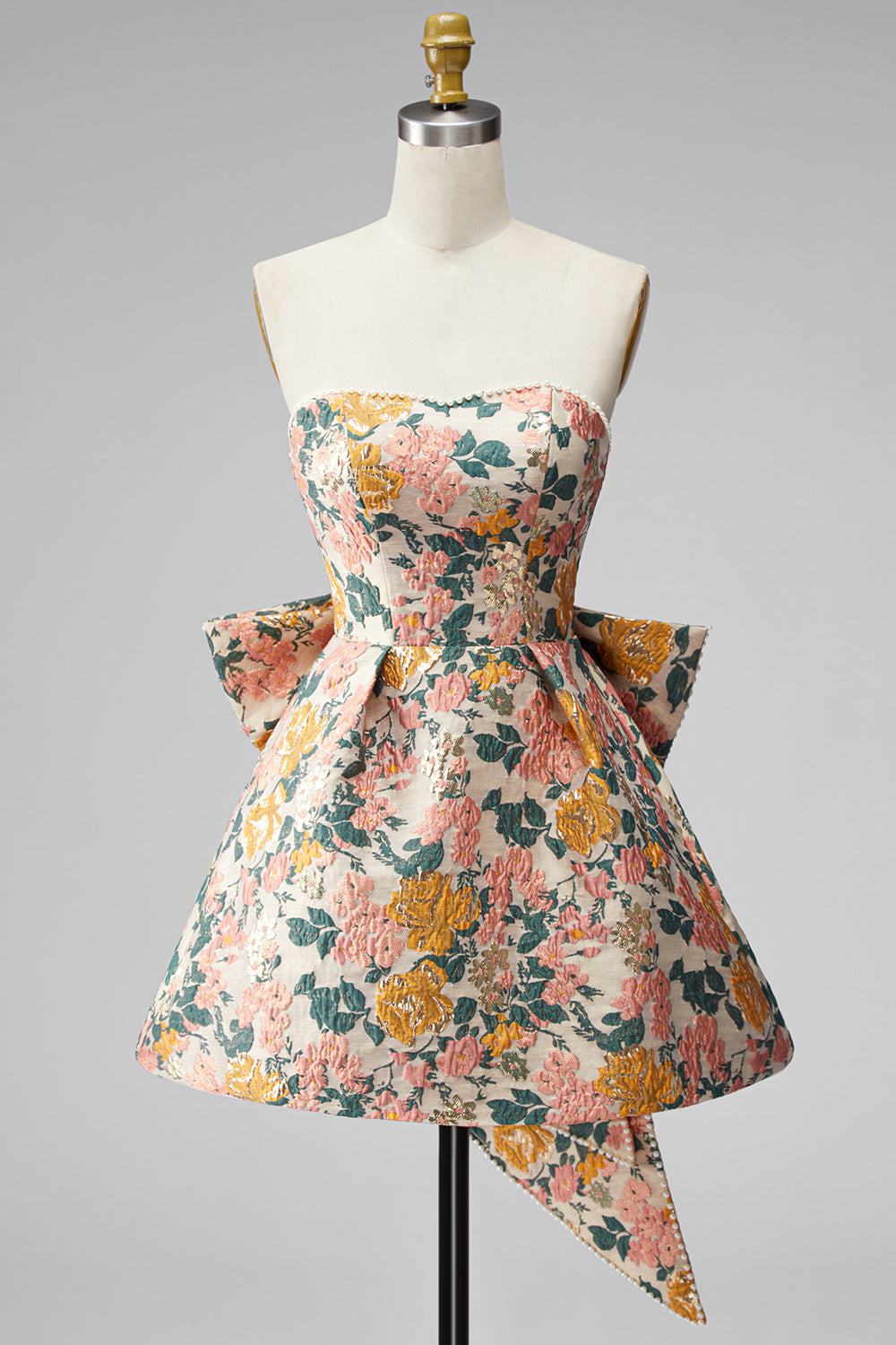 Blue Flower Jacquard A-Line Short Homecoming Dress with Bow