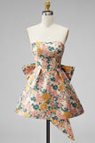 Blue Flower Jacquard A-Line Short Homecoming Dress with Bow