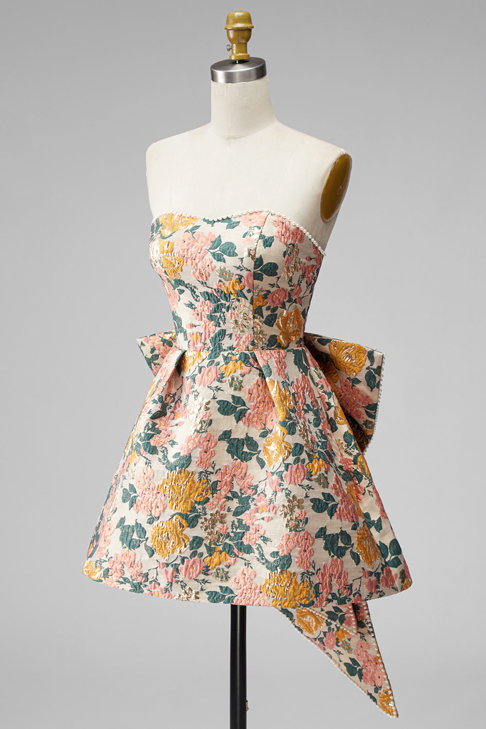 Blue Flower Jacquard A-Line Short Homecoming Dress with Bow