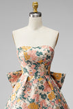 Blue Flower Jacquard A-Line Short Homecoming Dress with Bow