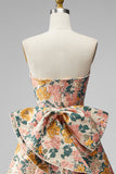 Blue Flower Jacquard A-Line Short Homecoming Dress with Bow