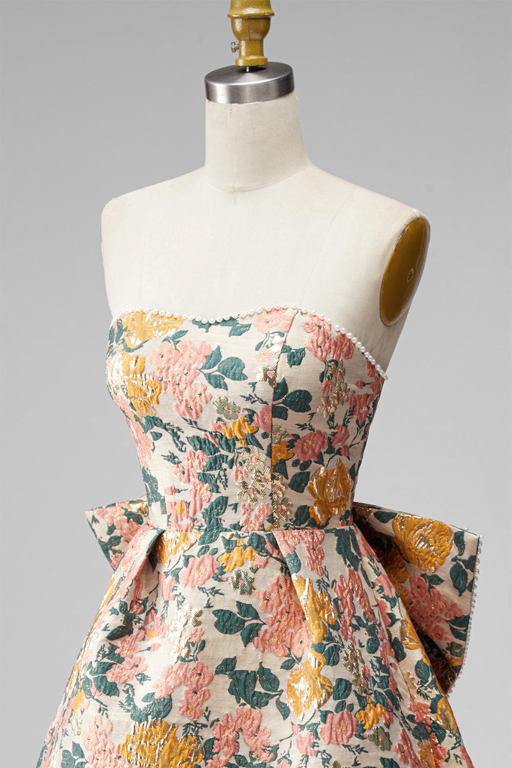 Blue Flower Jacquard A-Line Short Homecoming Dress with Bow