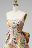 Blue Flower Jacquard A-Line Short Homecoming Dress with Bow