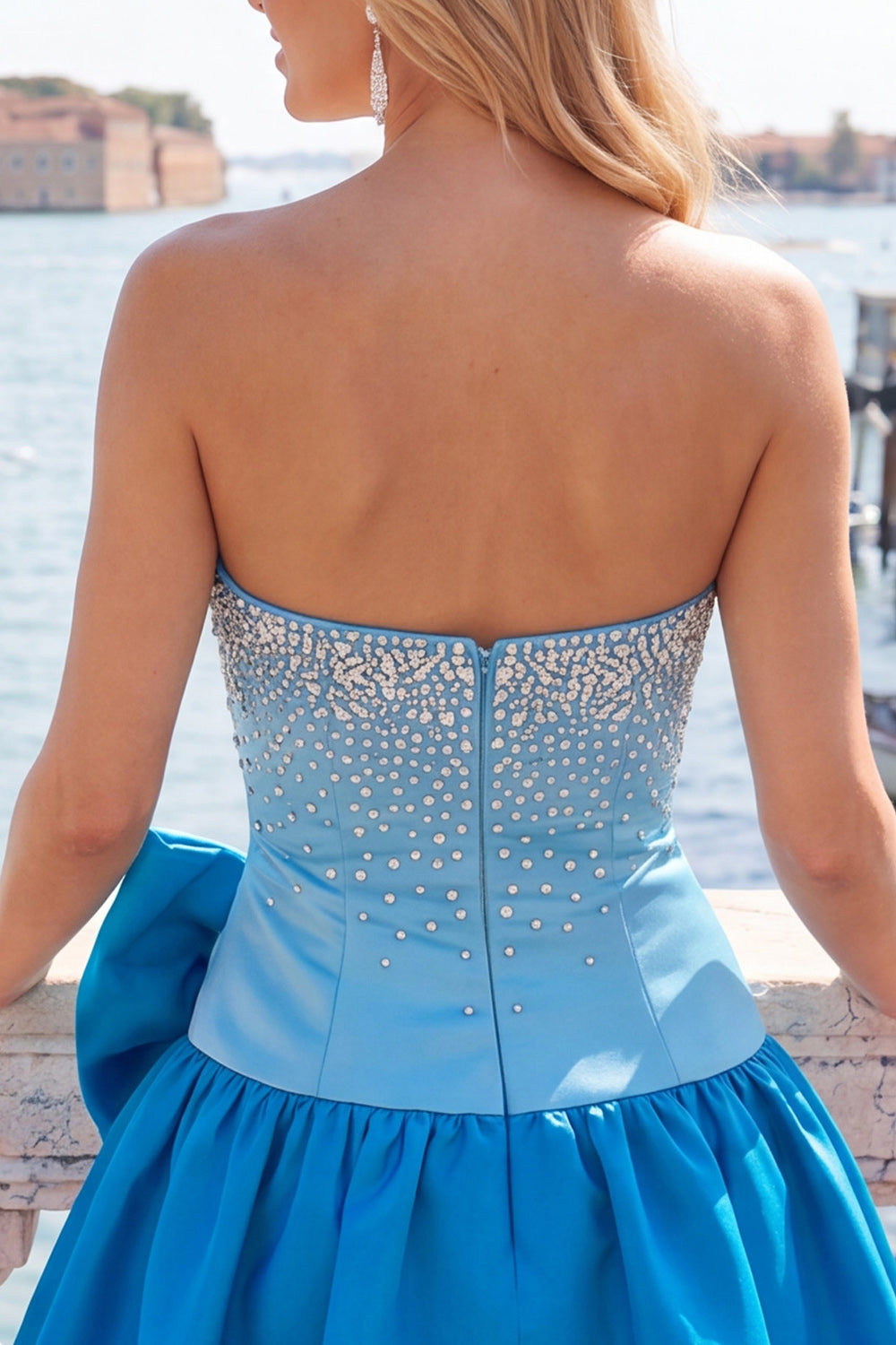 Blue Satin Beaded A-Line Short Homecoming Dress with Bow