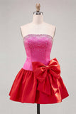 Blue Satin Beaded A-Line Short Homecoming Dress with Bow
