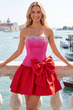 Blue Satin Beaded A-Line Short Homecoming Dress with Bow