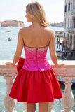 Blue Satin Beaded A-Line Short Homecoming Dress with Bow
