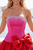 Blue Satin Beaded A-Line Short Homecoming Dress with Bow