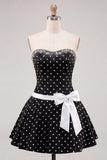 White Black Dots Beaded A-Line Short Homecoming Dress with Bow