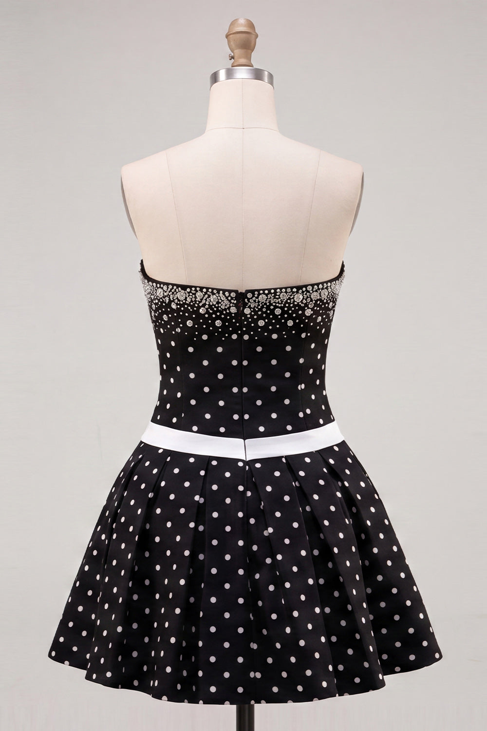 White Black Dots Beaded A-Line Short Homecoming Dress with Bow