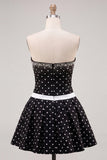 White Black Dots Beaded A-Line Short Homecoming Dress with Bow