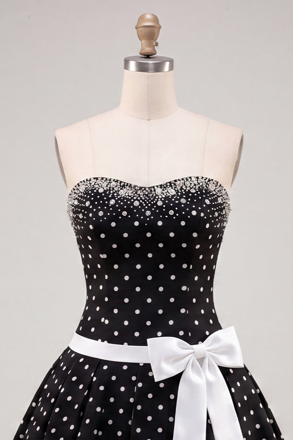 White Black Dots Beaded A-Line Short Homecoming Dress with Bow