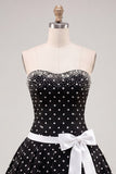White Black Dots Beaded A-Line Short Homecoming Dress with Bow