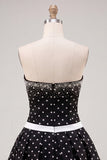 White Black Dots Beaded A-Line Short Homecoming Dress with Bow