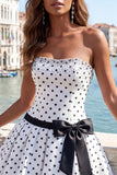 White Black Dots Beaded A-Line Short Homecoming Dress with Bow