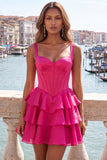 Hot Pink Corset Tiered Ruffled A-Line Short Homecoming Dress