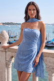 Blue Floral Ruched Tight Short Homecoming Dress with Neck Scarf