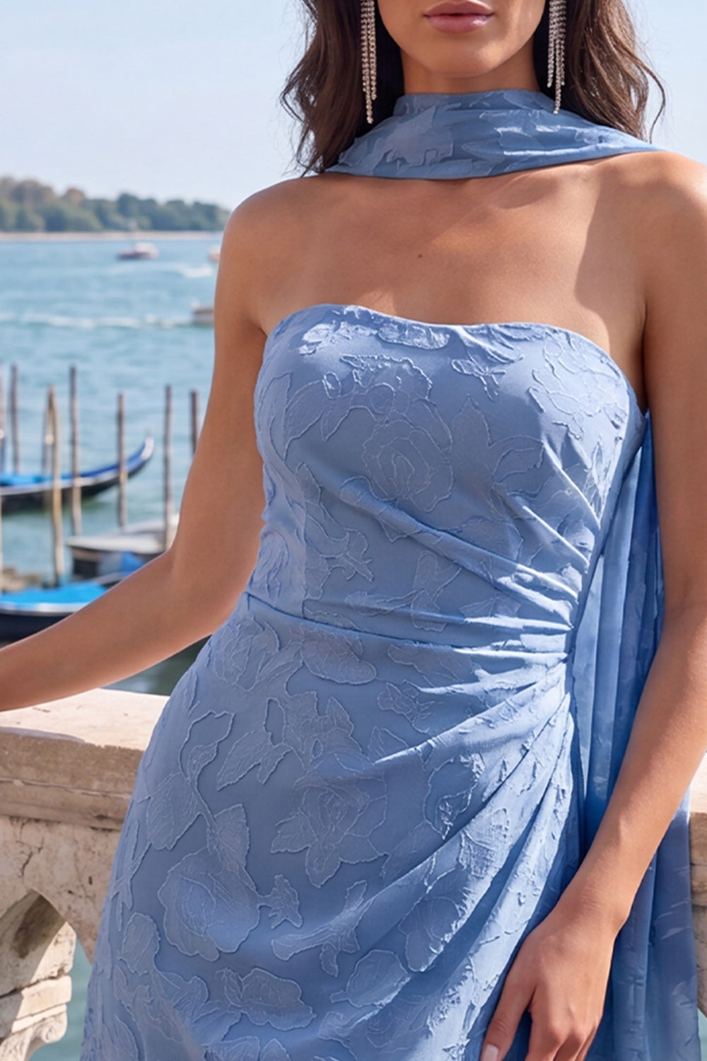 Blue Floral Ruched Tight Short Homecoming Dress with Neck Scarf