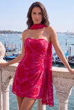 Blue Floral Ruched Tight Short Homecoming Dress with Neck Scarf