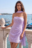 Blue Floral Ruched Tight Short Homecoming Dress with Neck Scarf