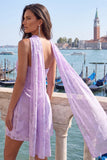 Blue Floral Ruched Tight Short Homecoming Dress with Neck Scarf
