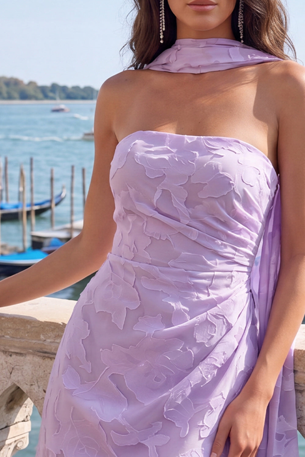 Blue Floral Ruched Tight Short Homecoming Dress with Neck Scarf