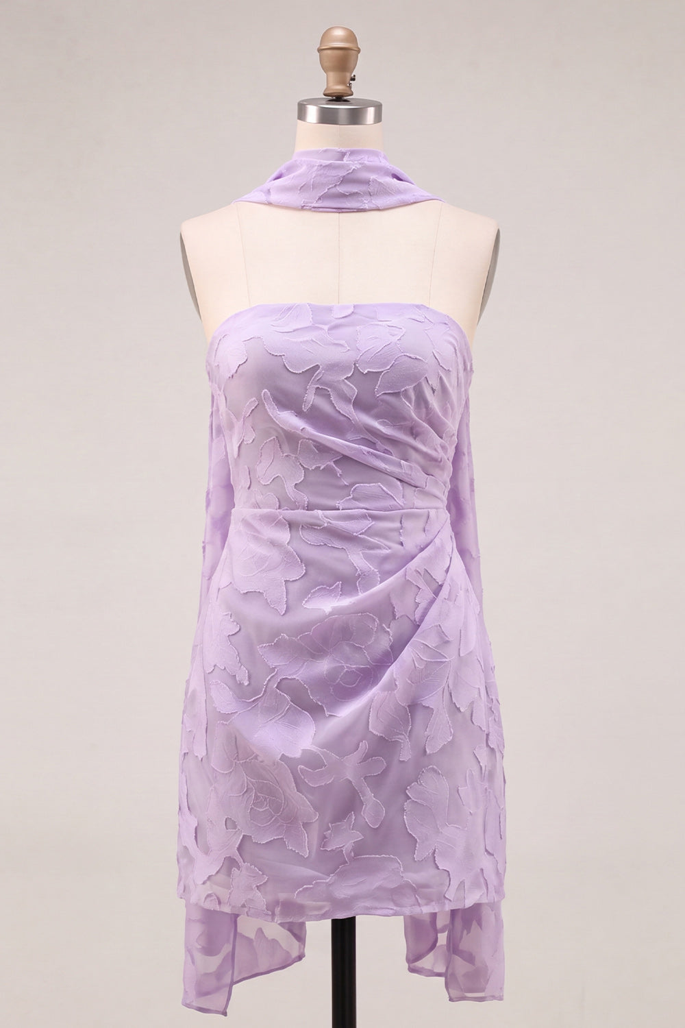 Blue Floral Ruched Tight Short Homecoming Dress with Neck Scarf