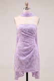 Blue Floral Ruched Tight Short Homecoming Dress with Neck Scarf