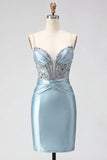 Sparkly Pink Satin Sequin Tight Short Corset Homecoming Dress