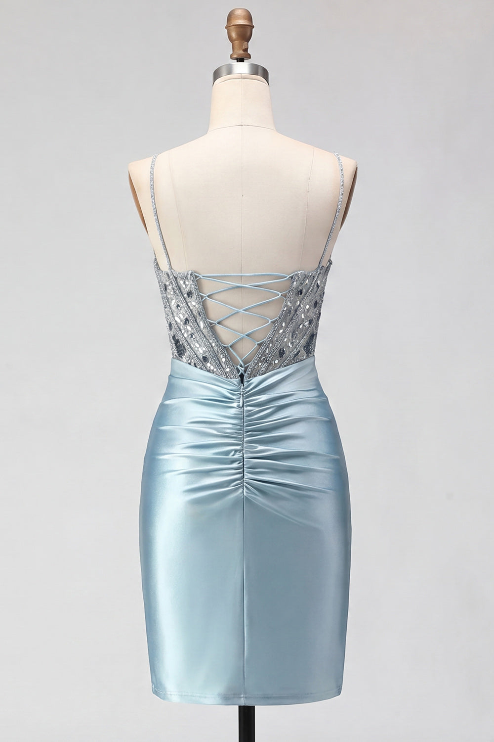 Sparkly Pink Satin Sequin Tight Short Corset Homecoming Dress