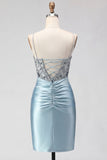 Sparkly Pink Satin Sequin Tight Short Corset Homecoming Dress